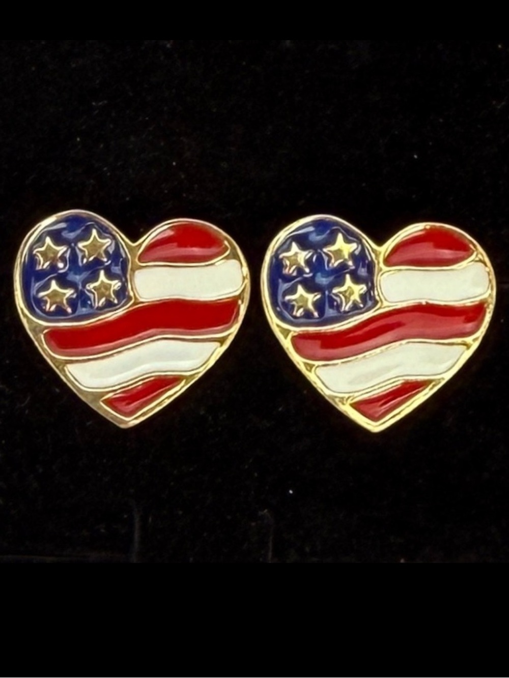 Goldtone, red white and blue flag vintage Avon heart-shaped pierced earrings